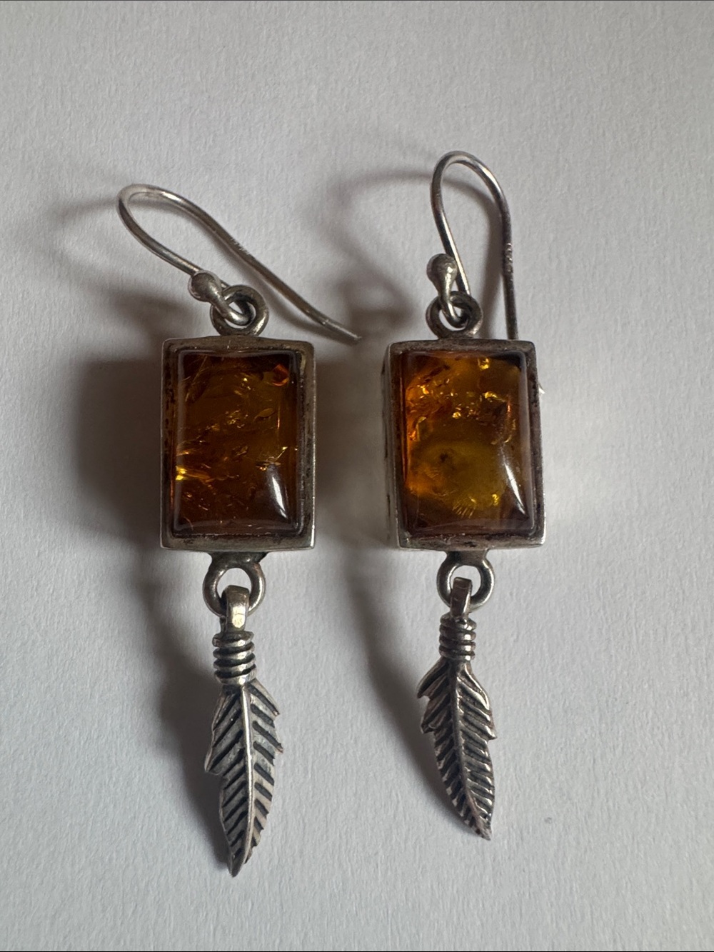 Vintage Stamped 925  Baltic Amber Drop Earrings with Feather Charm